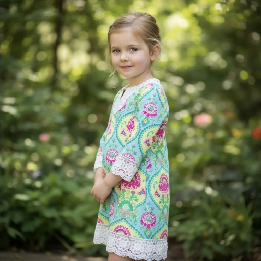 Peaches N Cream Girls Floral Dress Crochet Lace Trim Boho 3/4 Sleeve NWOT Size 8
